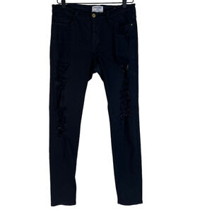 Frame Womens Le Skinny De Jeanne Jeans Black Distressed Dark Wash Mid Rise 29